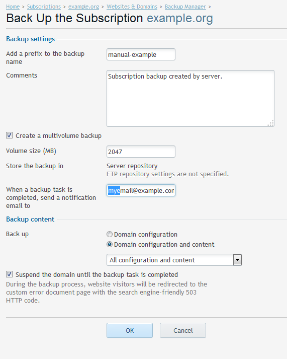 backup manual domain settings
